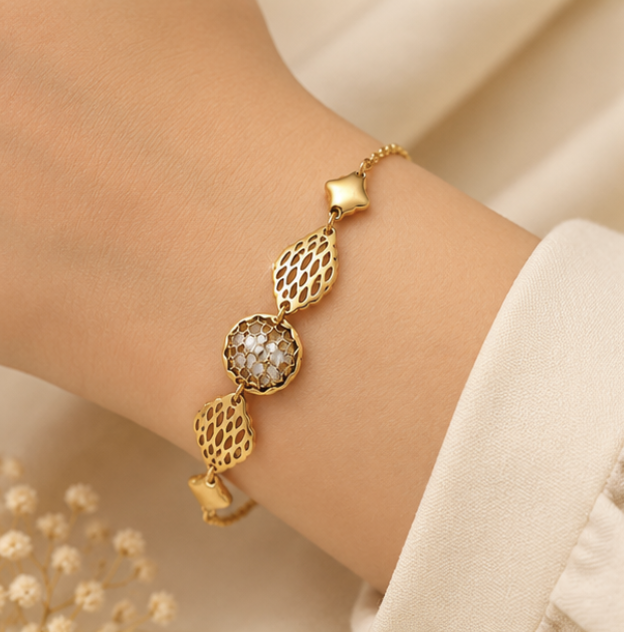 Gold Polish Mesh Charm Sterling Silver Bracelet