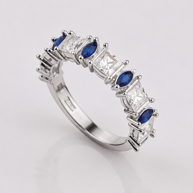 Royal Sapphire & Princess Diamond Eternity Silver Ring