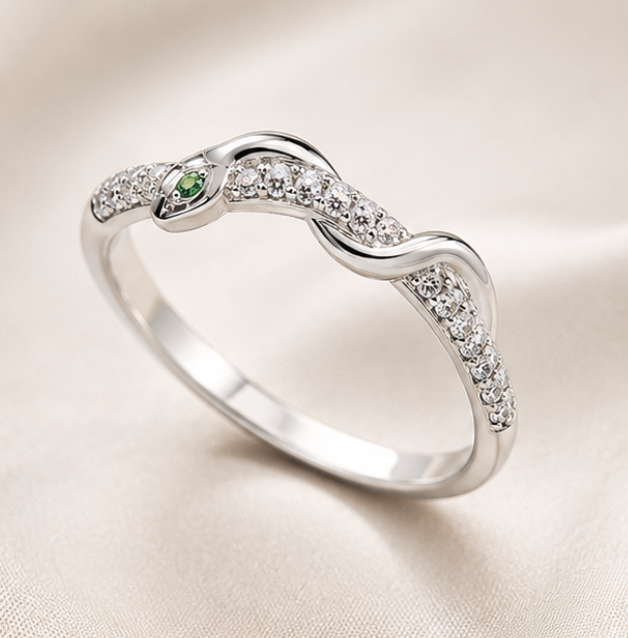 Serpentine Emerald Eyes Diamond Silver Ring