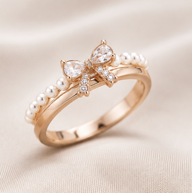 Pearl Bow Diamond Rose Gold Silver Ring