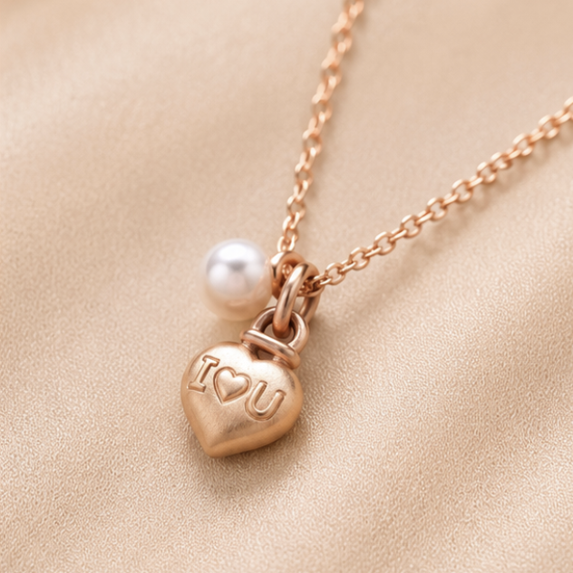 I ♥ U Heart Pearl Pendant Rose Gold Silver Chain