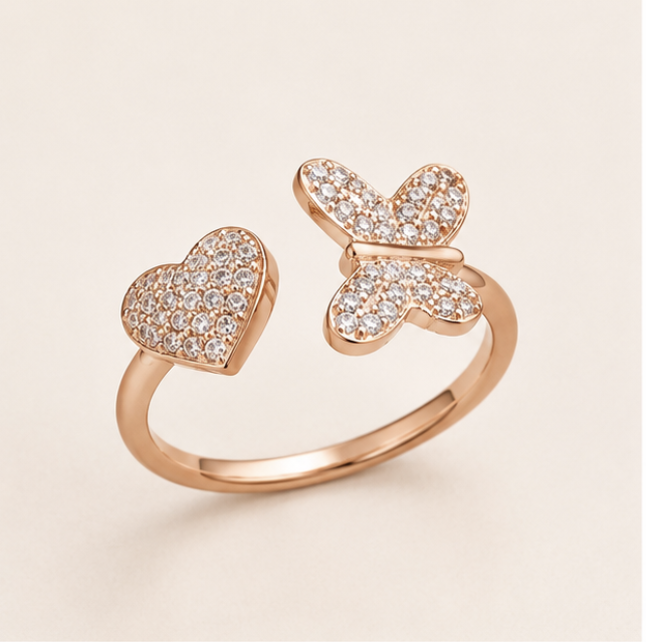 925 Sterling Silver Rose Gold Heart & Butterfly Open Ring