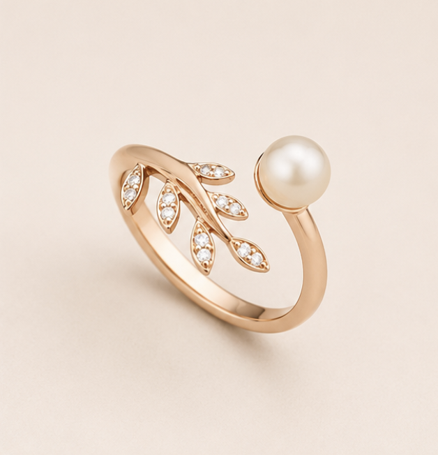 925 Sterling Silver Rose Gold Pearl Leaf Open Ring