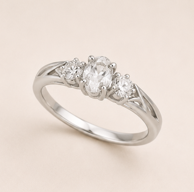925 Sterling Silver Oval Three Stone Ring