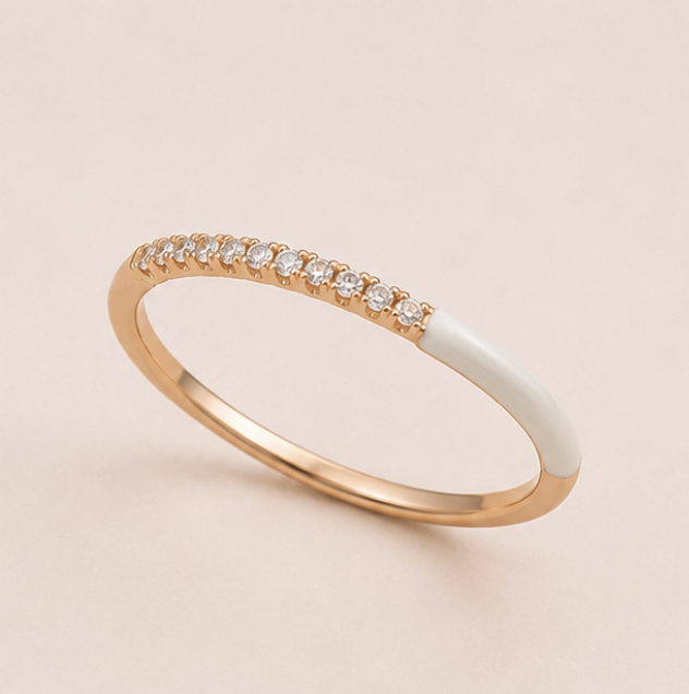 925 Sterling Silver Rose Gold White Enamel Diamond Band Ring