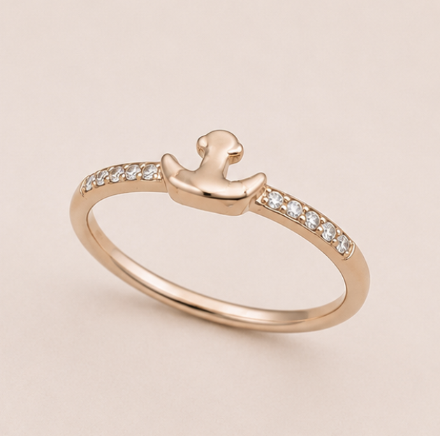 925 Sterling Silver Rose Gold Anchor Diamond Ring