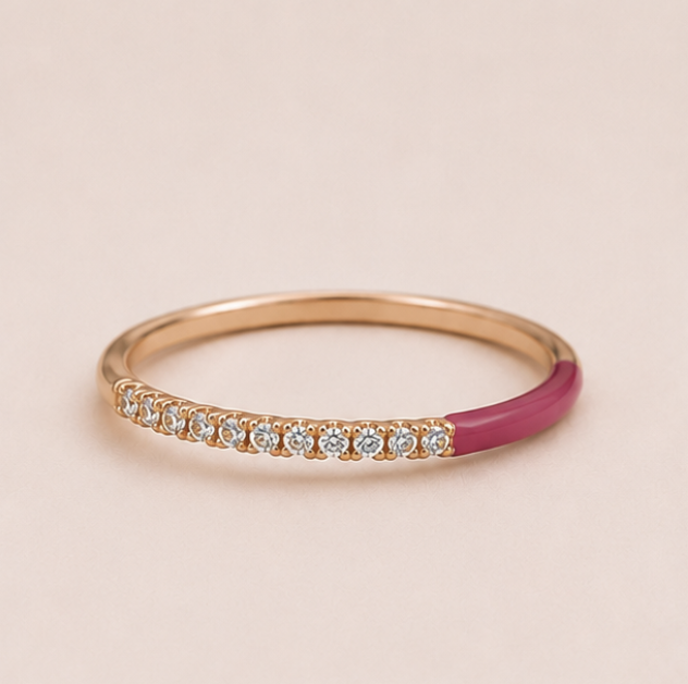 925 Sterling Silver Rose Gold Pink Enamel Diamond Band Ring