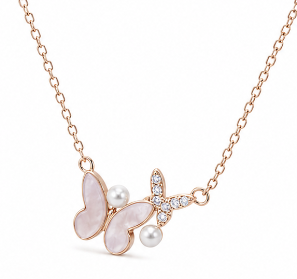 Rose Gold Butterfly Pearl Pendant Silver Chain Necklace