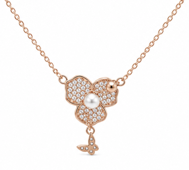 Rose Gold Floral Pearl Butterfly Pendant Silver Chain Necklace