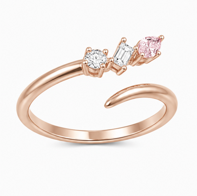 Rose Gold Triple Stone Open Ring – Pink Marquise & CZ Adjustable Ring