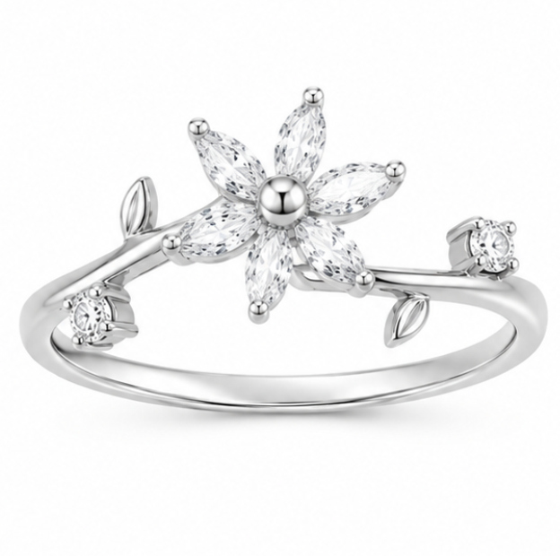 Silver Floral CZ Adjustable Ring – Bloom Leaf Open Ring