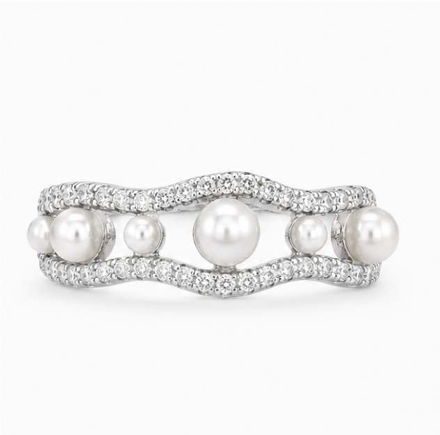Silver Pearl Wave Adjustable Ring – CZ Open Band Ring