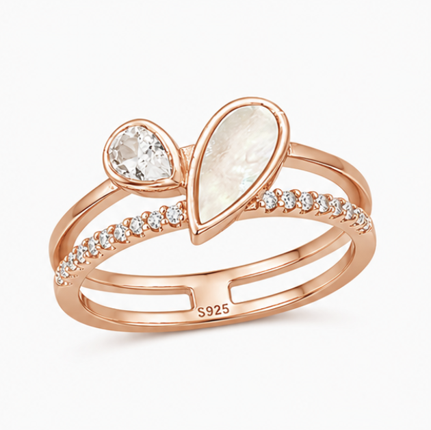Rose Gold Mother of Pearl Teardrop Ring CZ Open Ring