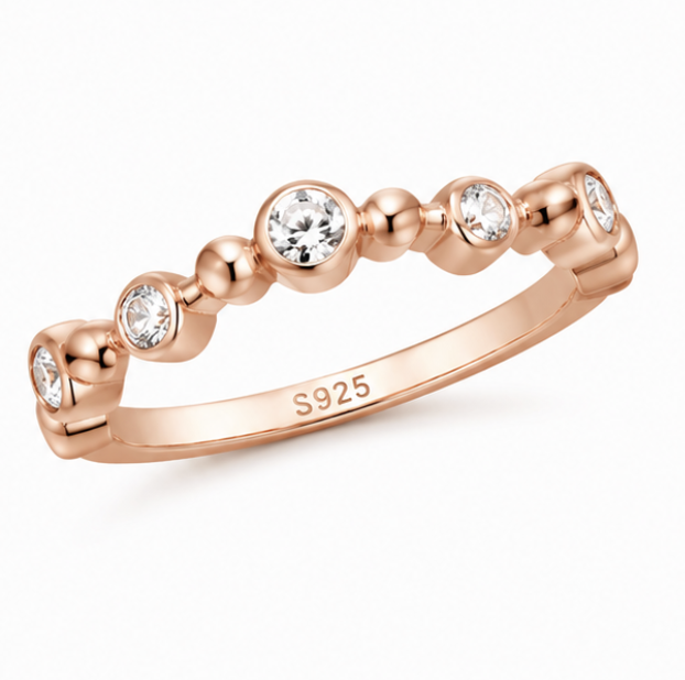 Rose Gold Bezel CZ Beaded Ring – Minimalist Stackable Band