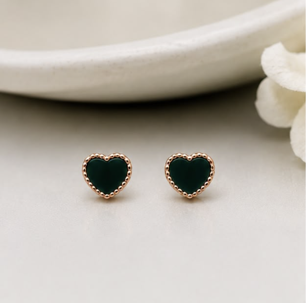 Aurive Emerald Heart Stud Earrings – 925 Sterling Silver Rose Gold Plated