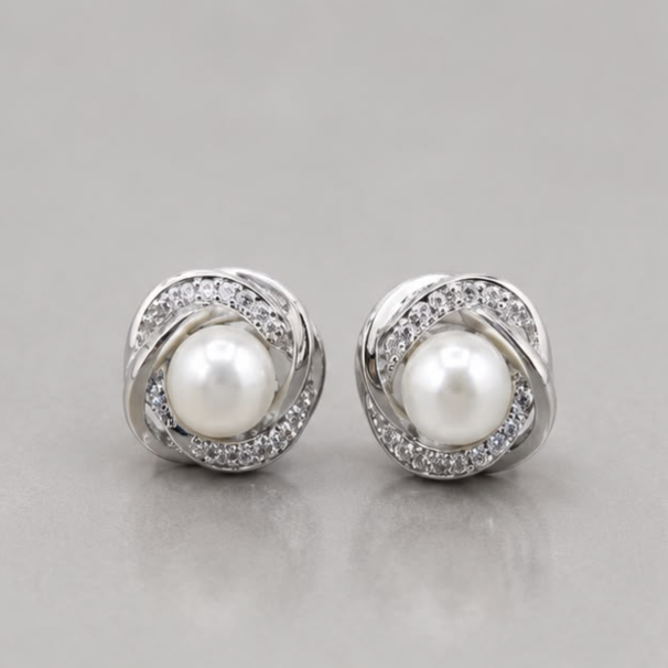 Pearl Halo Stud Earrings – 925 Sterling Silver CZ Earrings