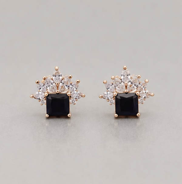 Black Midnight Sapphire Crown Stud Earrings – 925 Sterling Silver Rose Gold Plated
