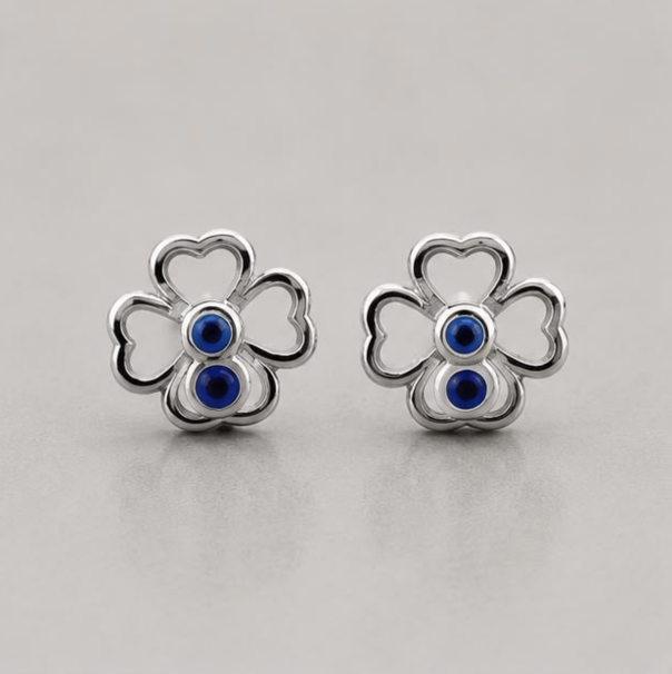 Lucky Clover Evil Eye Stud Earrings – 925 Sterling Silver