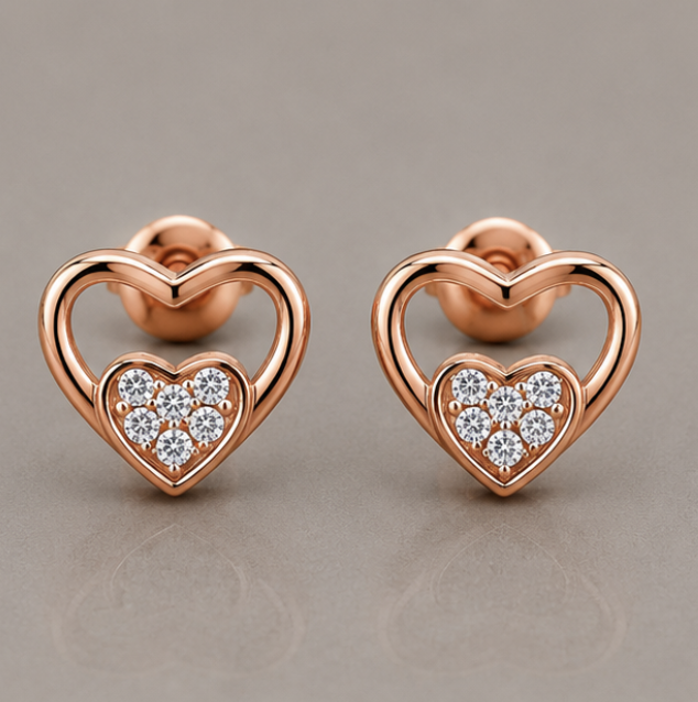 Blooming Heart Stud Earrings – 925 Sterling Silver Rose Gold Plated CZ Earrings