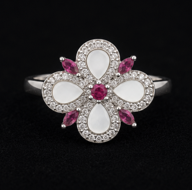 925 Sterling Silver Mother of Pearl Floral Ring with Pink Gemstones