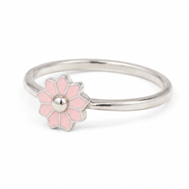 925 Sterling Silver Pink Enamel Daisy Flower Ring for Women