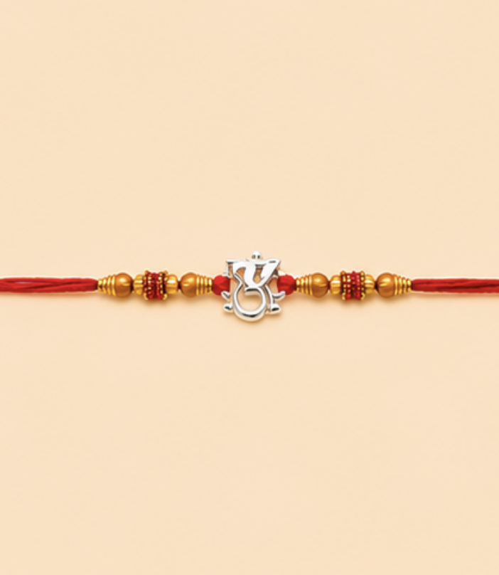 Lord Ganesha Om Designer Rakhi with Gold Beads & Red Thread