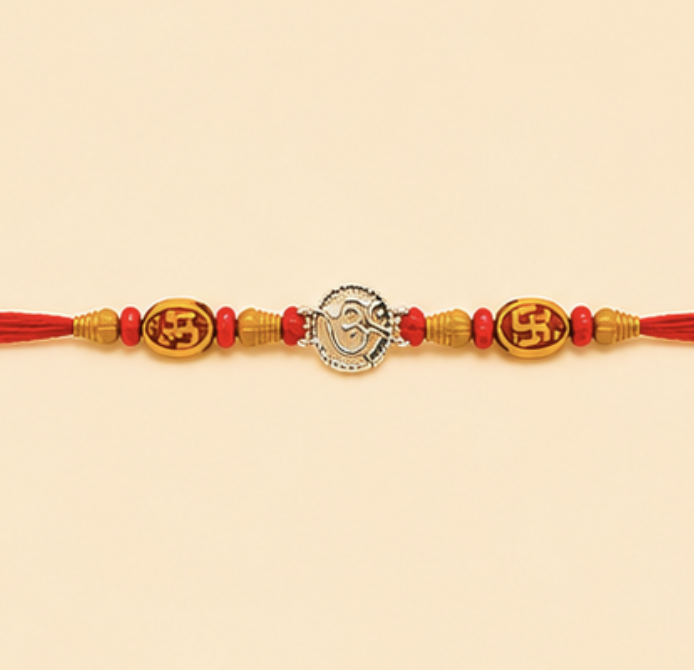 Om Designer Rakhi with Auspicious Swastik Beads & Red Thread