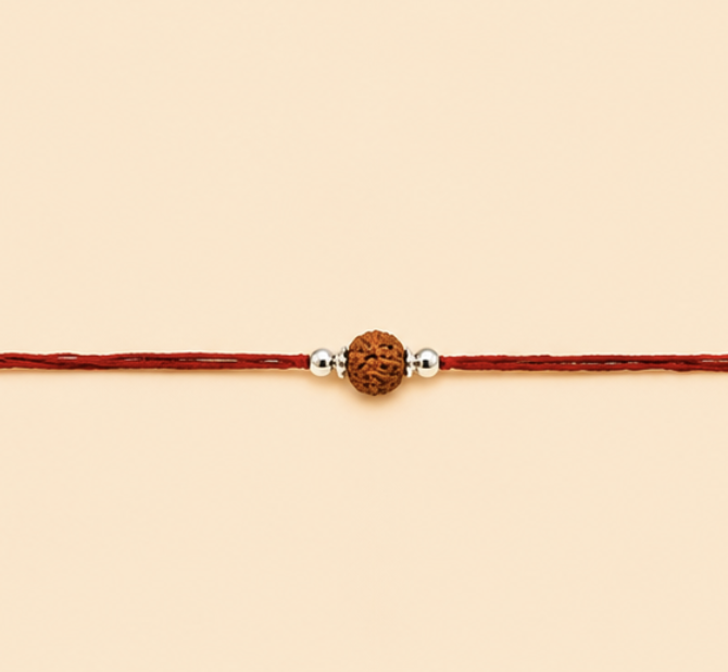 Natural Rudraksha Rakhi with Silver Beads & Sacred Red Thread