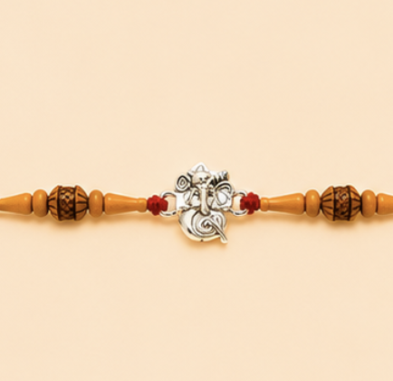 Lord Ganesha Designer Rakhi with Wooden Beads & Sacred Red Thread