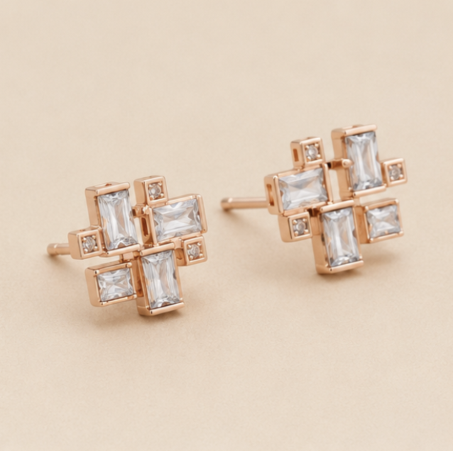 Radiant Mosaic Stud Earrings – 925 Sterling Silver Rose Gold Finish