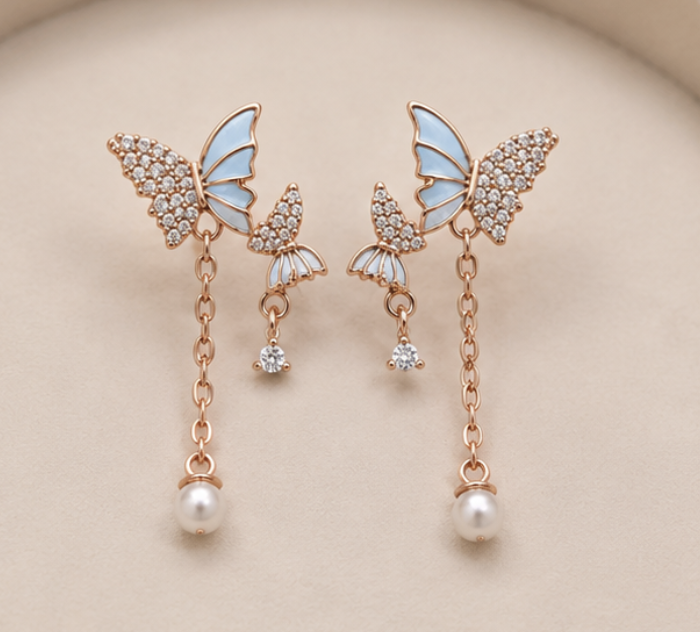 Flutter Pearl Drop Earrings – 925 Sterling Silver Rose Gold Finish