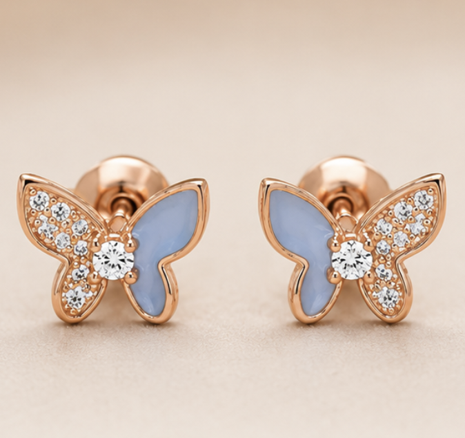 Azure Blue Butterfly Stud Earrings – 925 Sterling Silver Rose Gold Finish