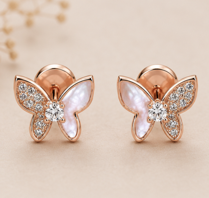 Pearl Flutter Stud Earrings – 925 Sterling Silver Rose Gold Finish
