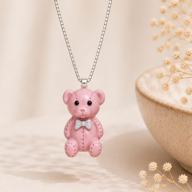 Pink Teddy Bear Resin Pendant Necklace – 925 Sterling Silver Chain