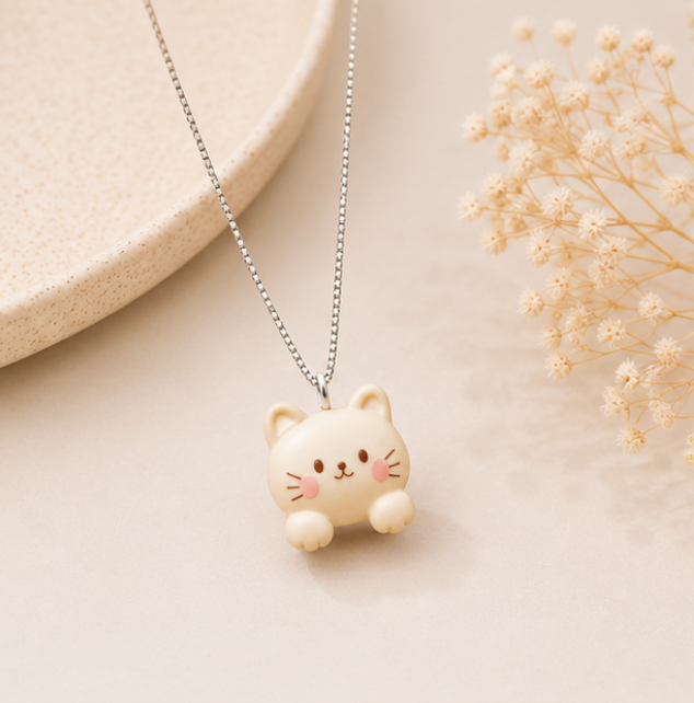 Cute Kitty Resin Pendant Necklace – 925 Sterling Silver Chain