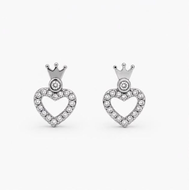 Crown Heart Stud Earrings – 925 Sterling Silver