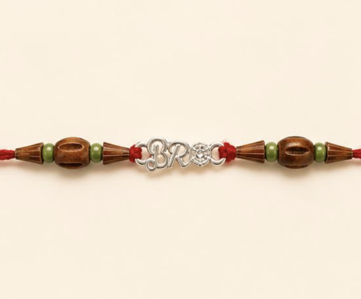 Silver BRO Heart Designer Rakhi | Premium Brother Raksha Bandhan Rakhi with Wooden Beads