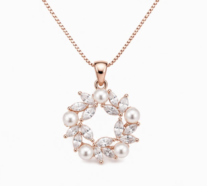 925 Sterling Silver Rose Gold Pearl Floral Pendant with Chain | Elegant CZ Pendant Necklace for Women