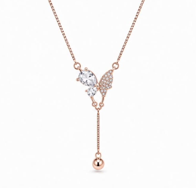 925 Sterling Silver Rose Gold Butterfly Drop Pendant with Chain | Elegant CZ Pendant Necklace for Women