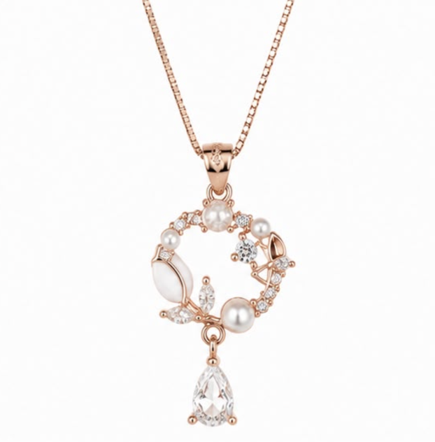 925 Sterling Silver Rose Gold Pearl Floral Drop Pendant with Chain | Elegant CZ Necklace for Women