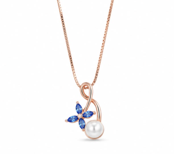 925 Sterling Silver Rose Gold Blue Sapphire Floral Pearl Pendant with Chain | Elegant CZ Necklace for Women
