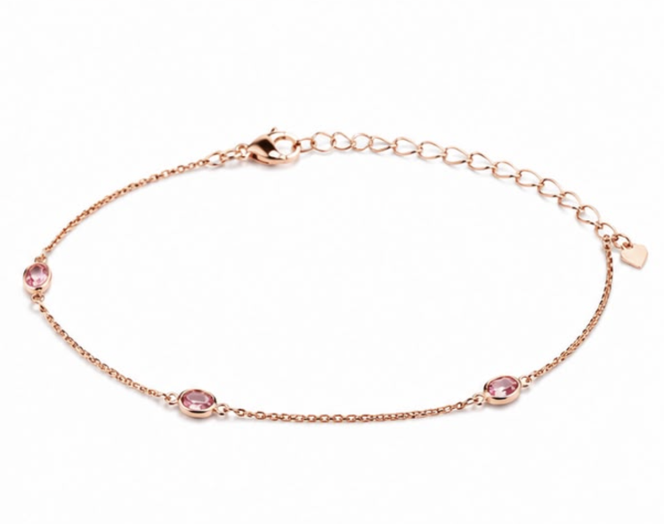 925 Sterling Silver Rose Gold Pink Crystal Station Bracelet | Elegant Adjustable Bracelet for Women