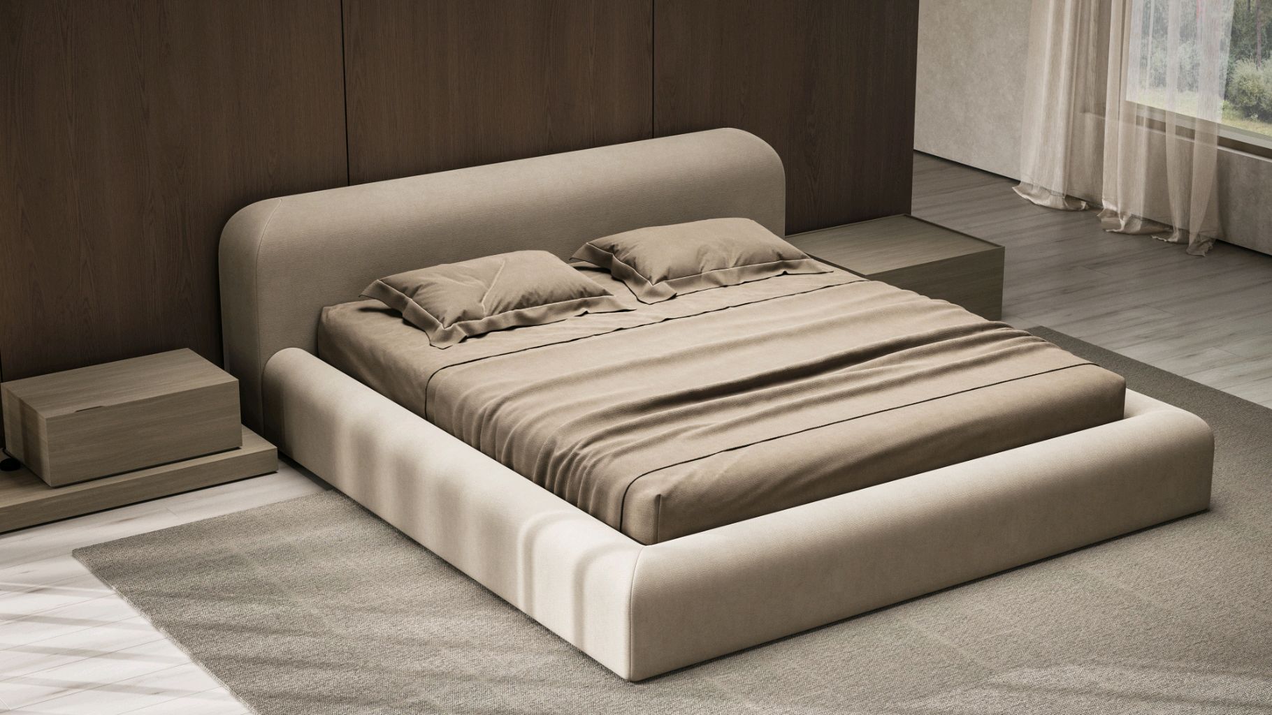 Modern Beige Upholstered Bed Frame with Padded Headboard