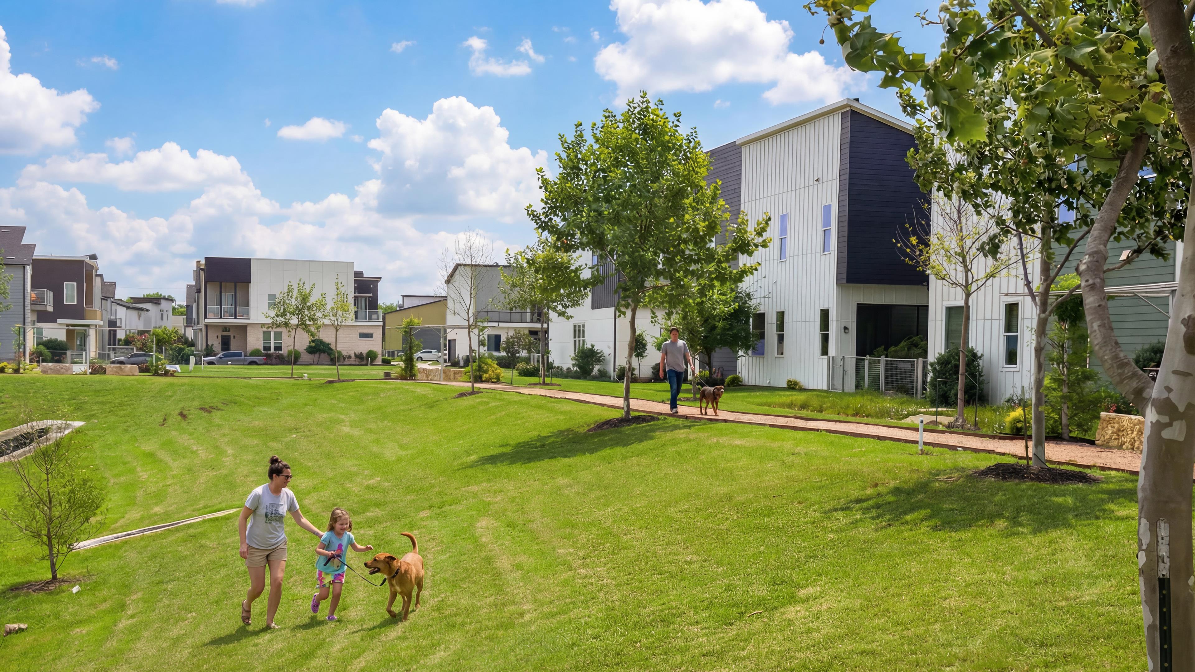 Avondale green space with walking paths and modern homes