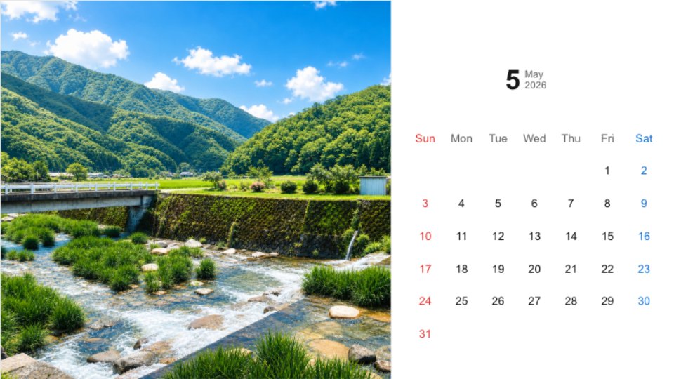 May A rural landscape with a river, a bridge, and mountains under a blue sky