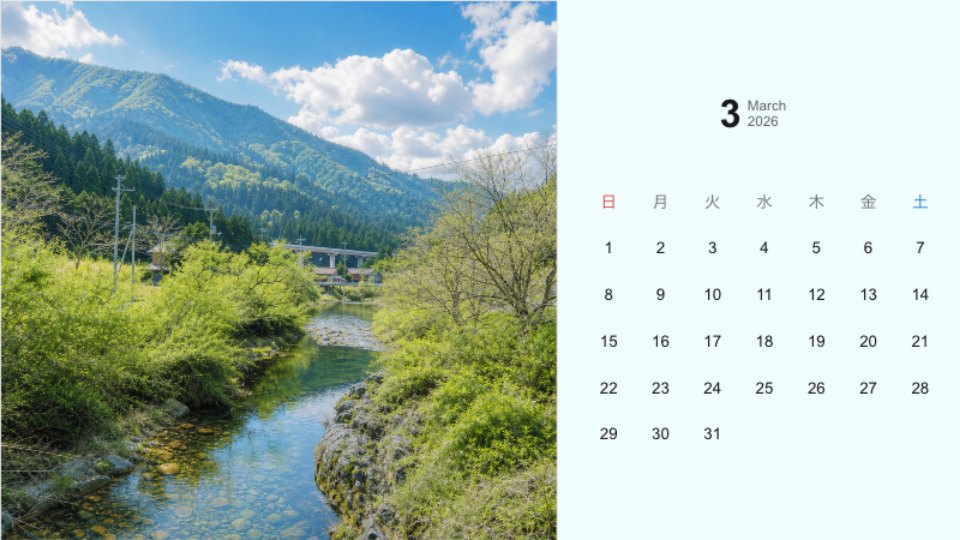 3月 山間の川と青空の風景壁紙