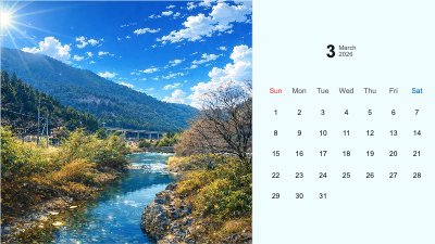 3月 山間の川と青空の風景壁紙