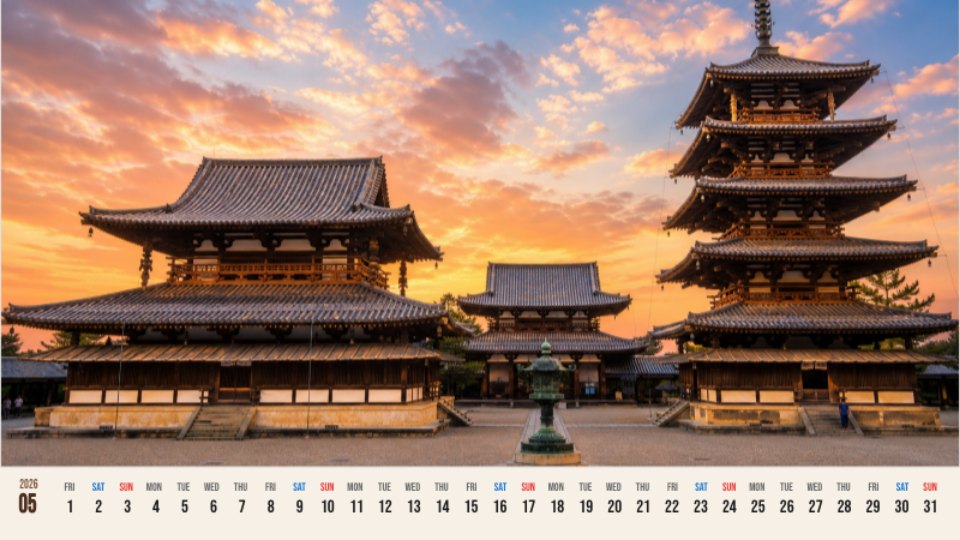 Horyu-ji Golden Hall and Pagoda Sunset Calendar