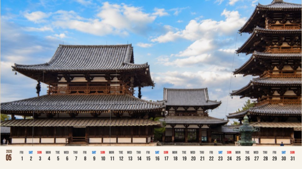 Horyu-ji Temple Pagoda and Blue Sky Calendar