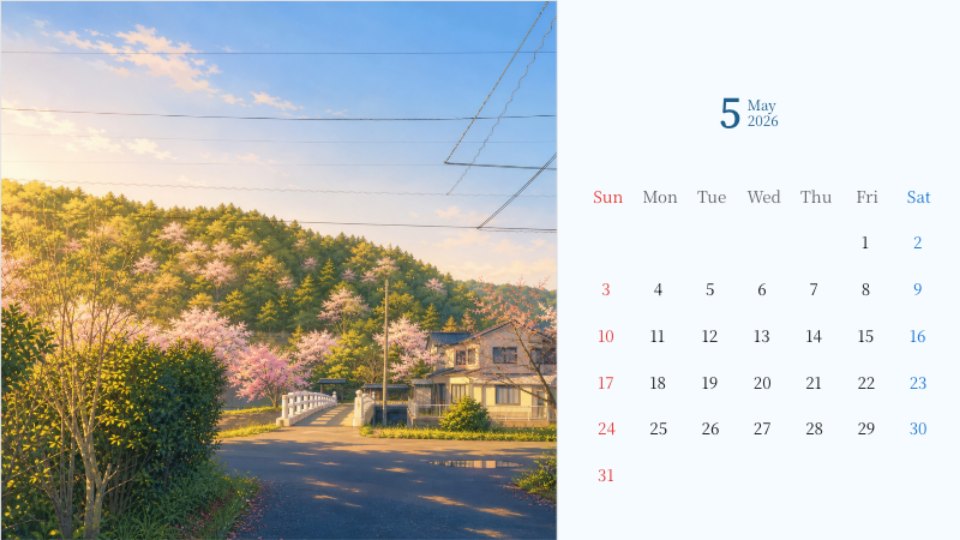 Cherry Blossoms and Blue Sky Hillside Calendar